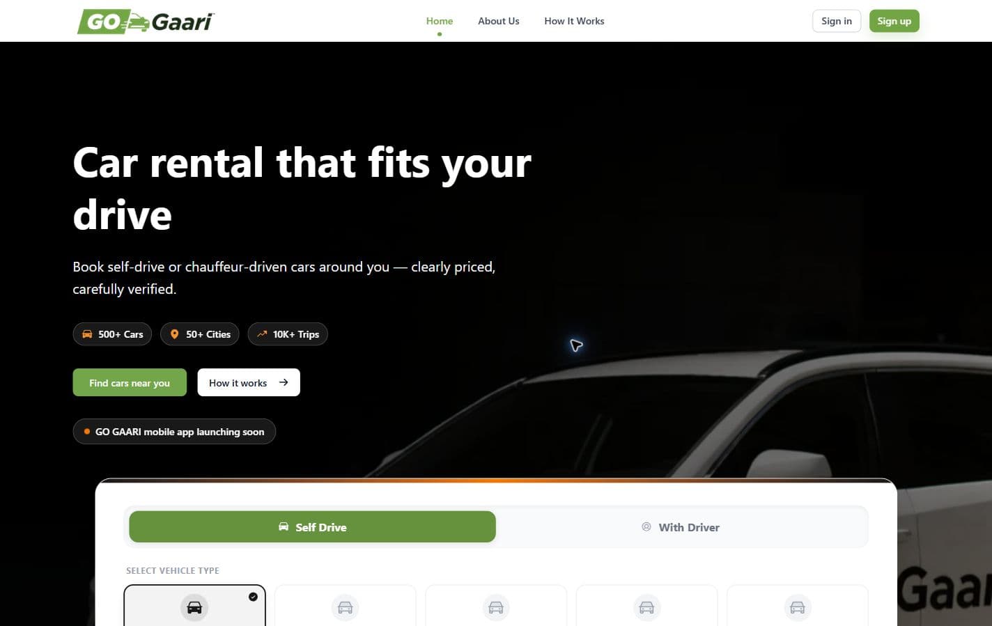 Go Gaari homepage with car rental search, self-drive options, and clear daily pricing