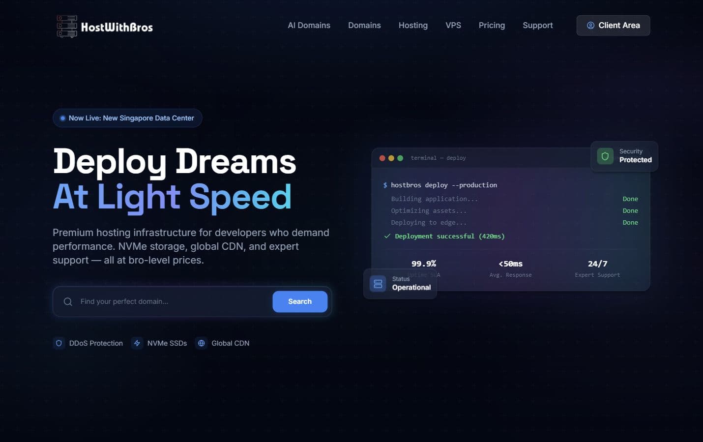 Host with Bros homepage promoting developer hosting and domain infrastructure