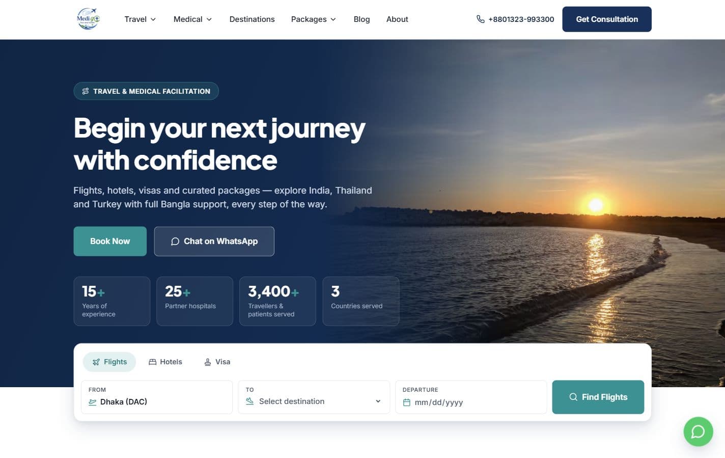 Medigo Tour and Travels homepage introducing travel and medical facilitation with Bangla support
