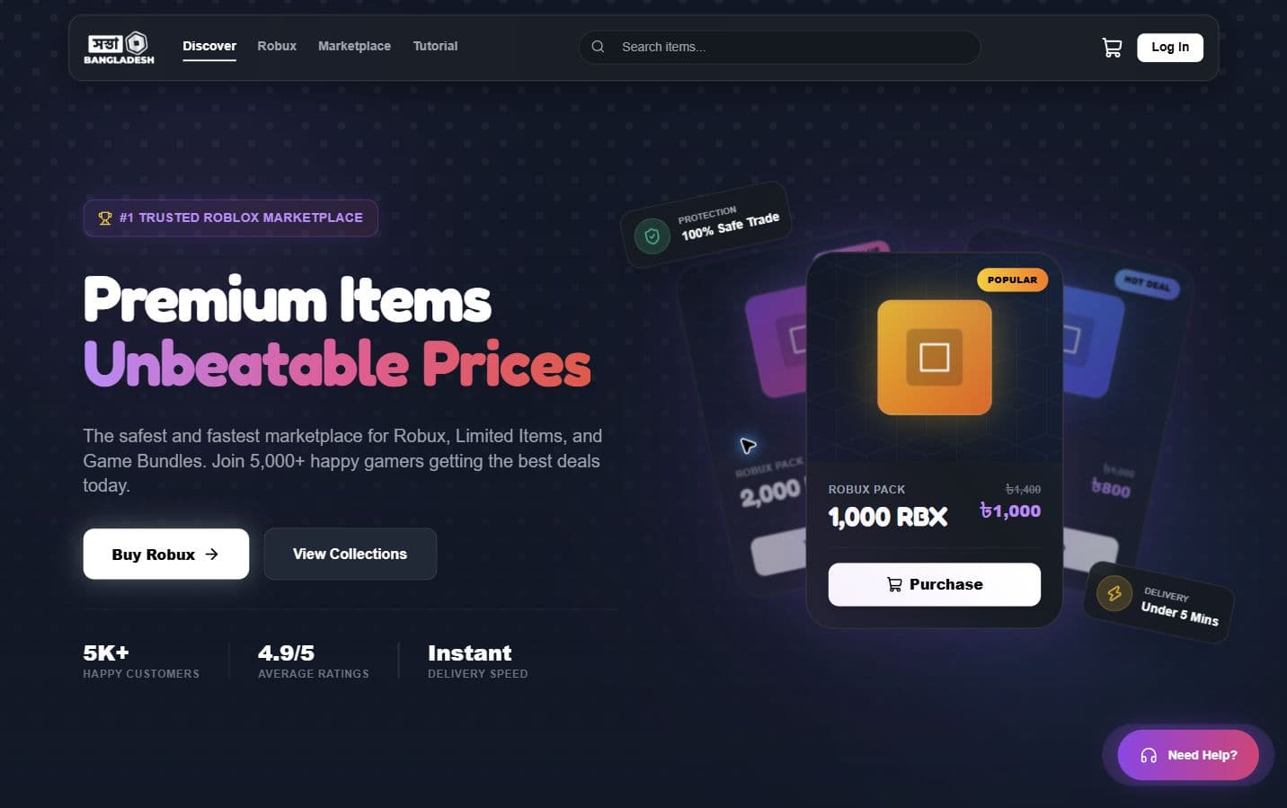 Shasta Robux homepage showing Robux packs, limited items, and BDT pricing