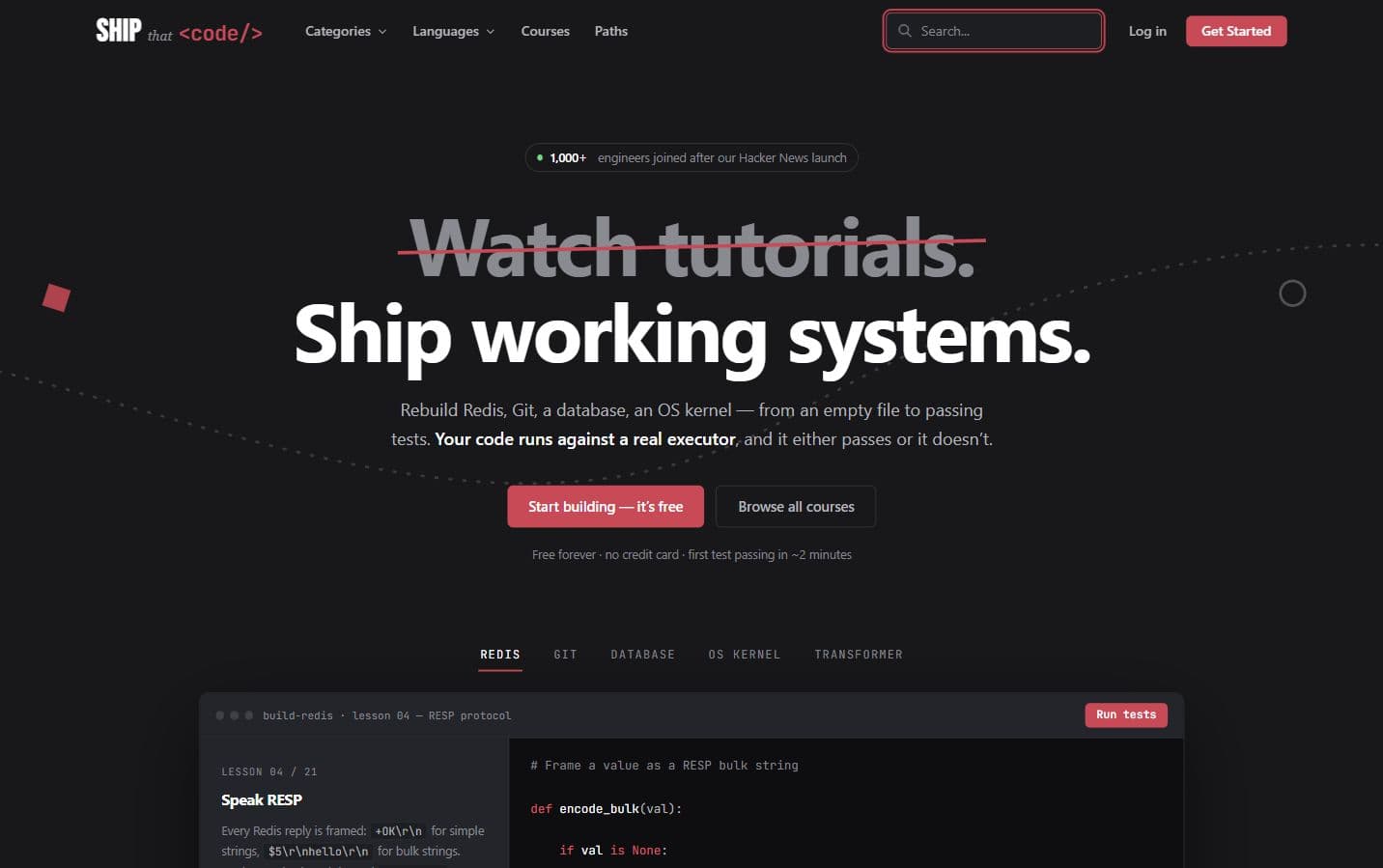 Ship That Code homepage inviting engineers to build working systems rather than watch tutorials