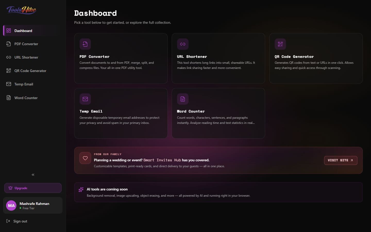 Tools Hike dashboard with PDF, URL, QR, temporary email, and word-count utilities