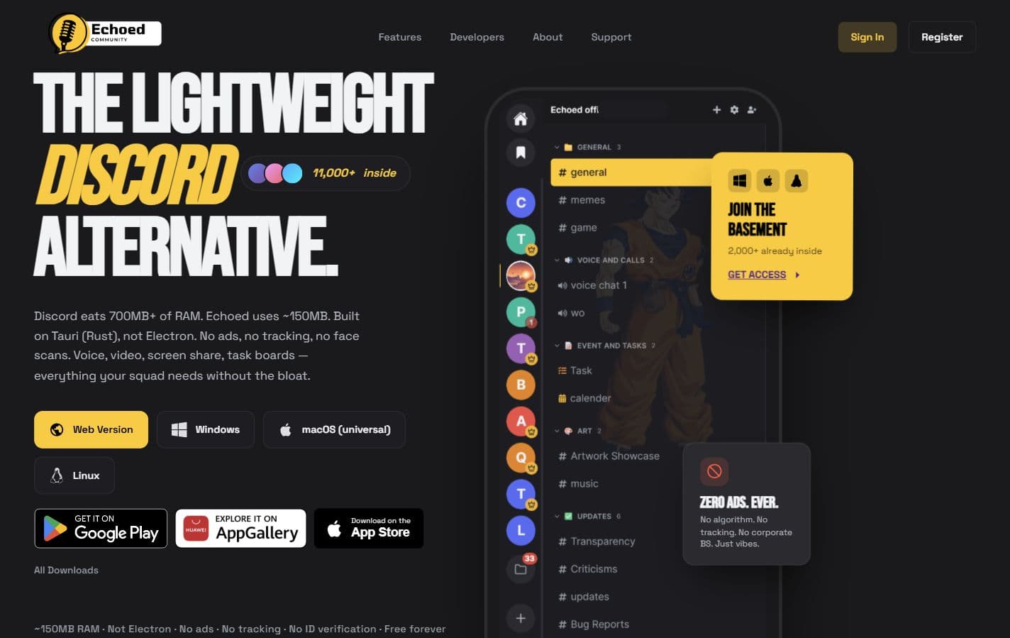 Echoed product preview showing the lightweight community and communication platform